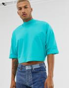 Asos Design Oversized Crop T-shirt With Mid Sleeve And High Neck In Blue