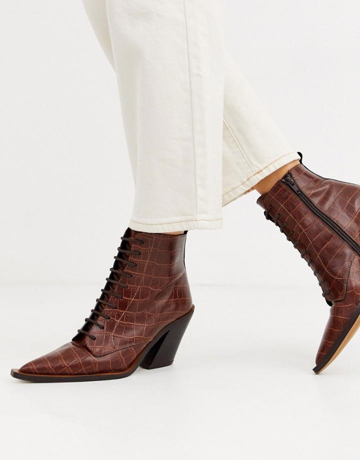 Asos Design Redwood Premium Leather Western Lace Up Boots In Brown Croc