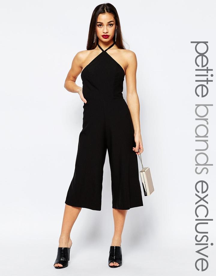 John Zack Petite Spaghetti Strap High Neck Wide Leg Crop Jumpsuit - Black