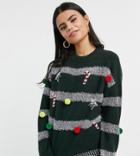 Asos Design Petite Christmas Sweater With Decorative Baubles In Green-black