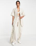 Topshop Stripe Linen-blend Tie Waist Pants In Beige - Part Of A Set-neutral