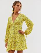 Asos Design Mini Textured Ditsy Print Tea Dress With Tie Cuff And Matching Scrunchie-multi