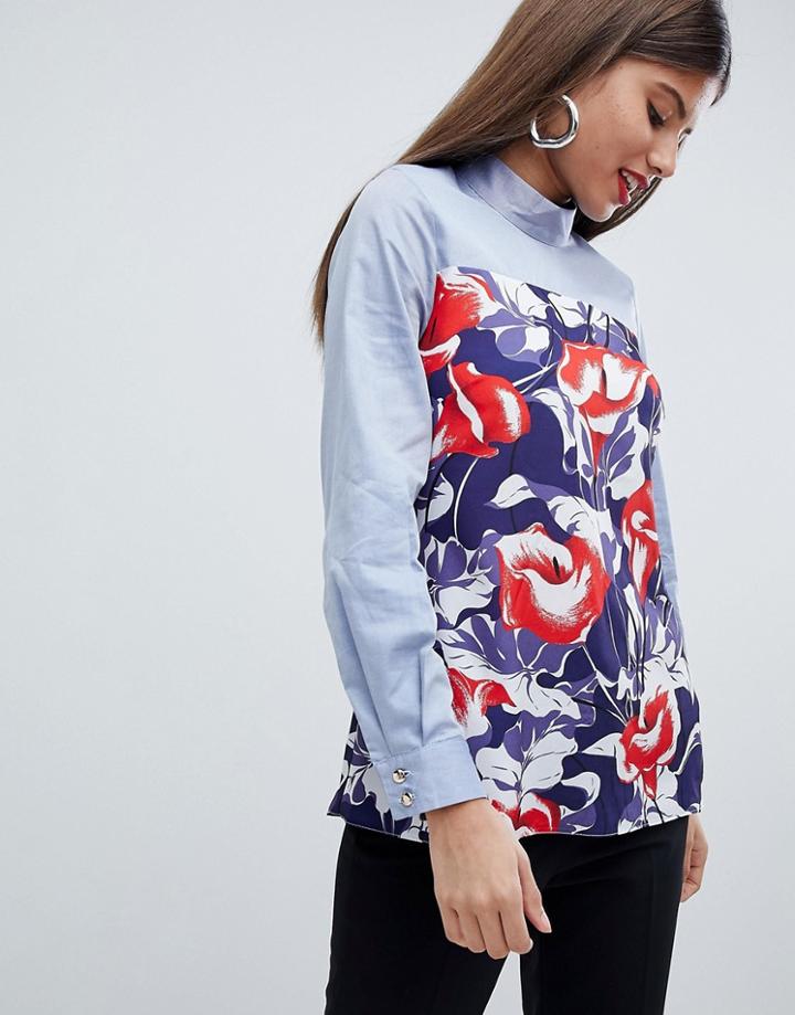 Closet London High Neck Duel Fabric Blouse - Multi