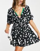 Asos Design Crinkle Cover Up In Mono Spot Print-multi