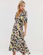 Liquorish Floral Maxi Wrap Dress With Fluted Sleeves - Multi
