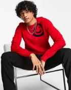 Devil's Advocate Crew Neck Smiley Print Knitted Sweater-red