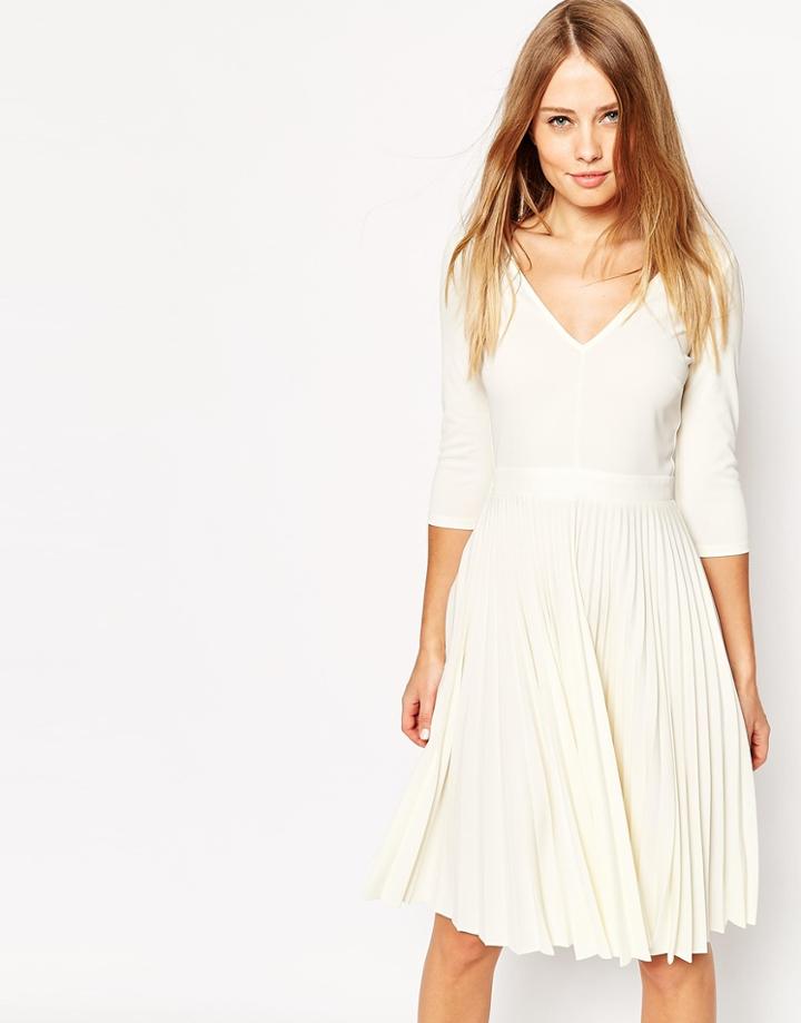 Asos Pleated Midi Dress In Crepe - Cream