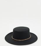 My Accessories London Boater Hat With Gold Chain Trim In Black-neutral