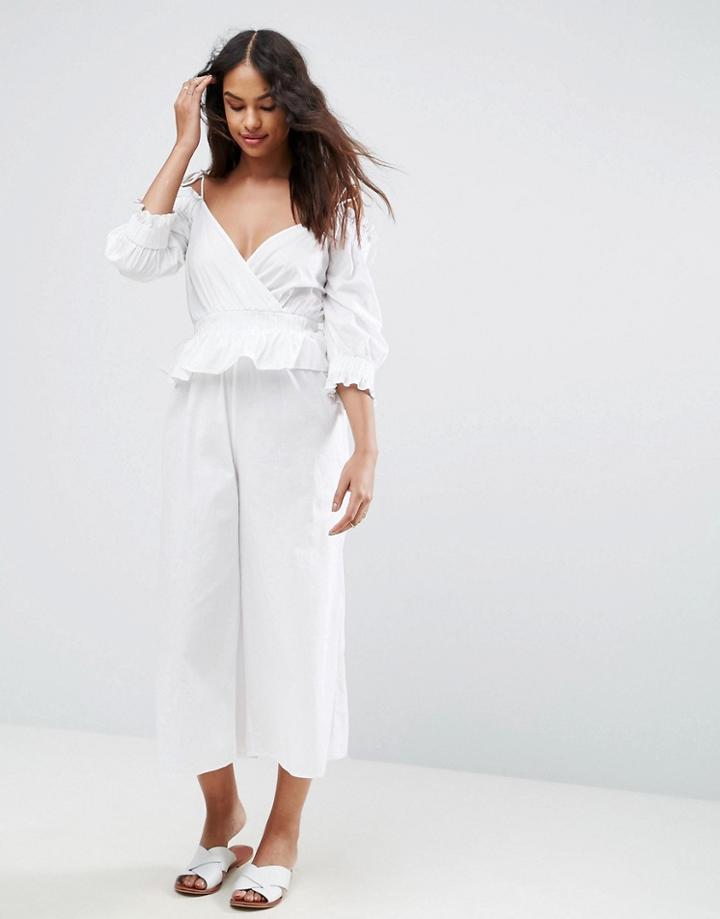 Asos Cotton Jumpsuit With Cold Shoulder And Ruffles - White