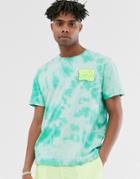 Crooked Tongues T-shirt In Blue With Yellow Graphic With Bleach Wash