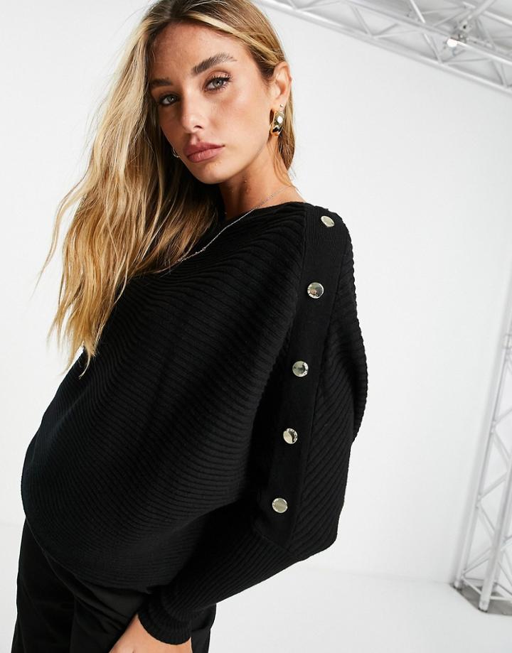 River Island Off Shoulder Slouch Sweater With Button Detail In Black