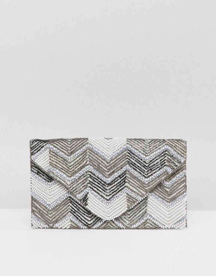 New Look Beaded Envelope Clutch Bag - Cream