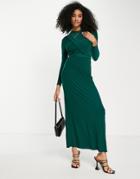 Asos Design Long Sleeve Twist Halter Front Maxi Dress In Forest Green