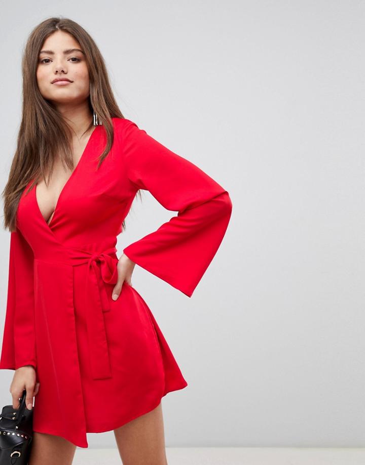 Fashion Union Kimono Wrap Mini Dress - Red