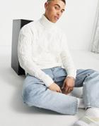 Asos Design Textured Cable Knit Roll Neck Sweater In White