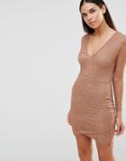 Ax Paris Long Sleeve Lace Dress With V Front - Brown