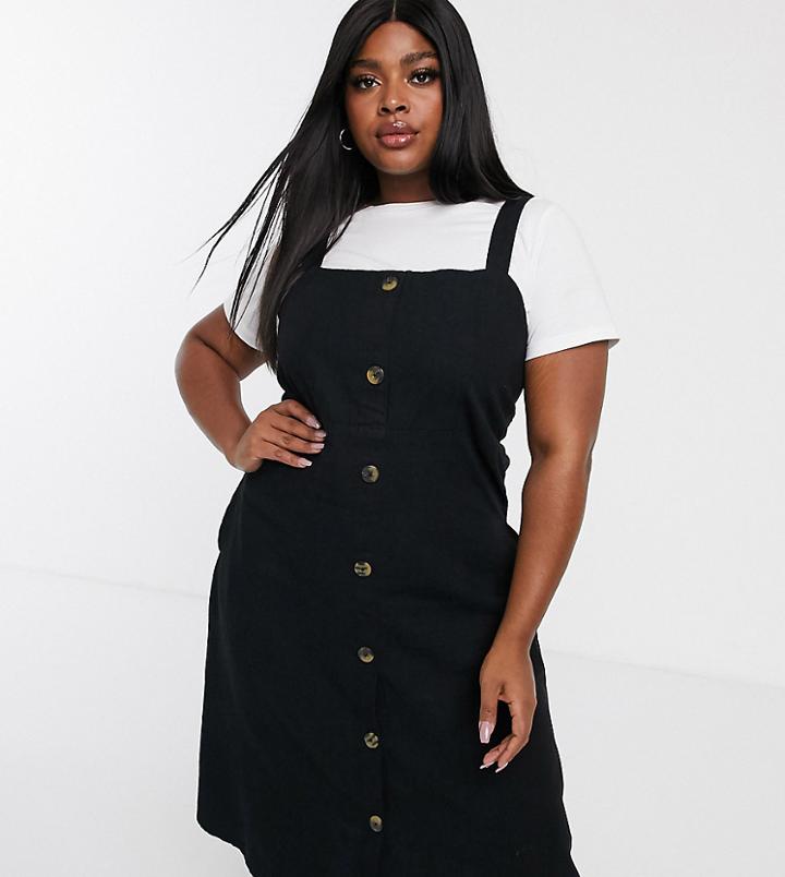 Simply Be Button Through Denim Midi Dress In Black