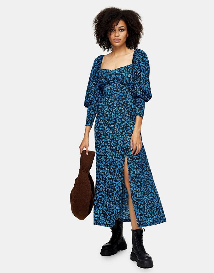 Topshop Milkmaid Midi Dress In Blue-blues