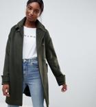 Asos Design Tall Coat In Twill With Buckle Neck-green