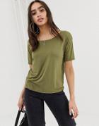 Asos Design Off Shoulder T-shirt In Khaki - Green