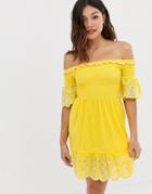 Asos Design Mini Shirred Top Sundress With Contrast Embroidery - Yellow