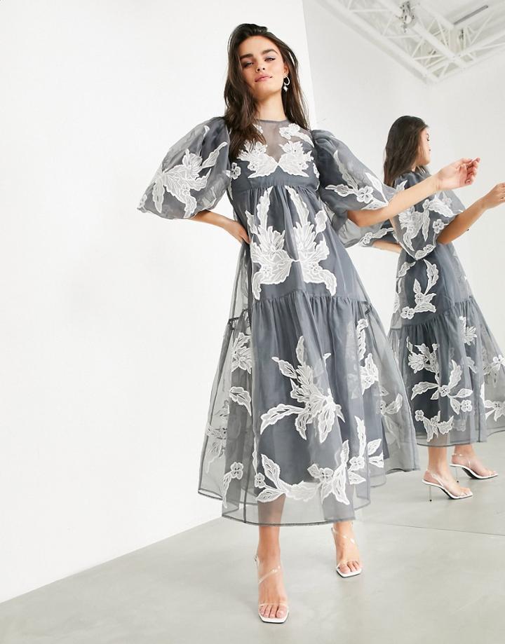 Asos Edition Smock Dress With Placement Applique Embroidery In Slate Gray-grey