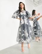 Asos Edition Smock Dress With Placement Applique Embroidery In Slate Gray-grey