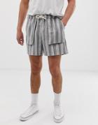 Asos Design Slim Shorter Shorts In Gray Linen Mix Stripe - Gray