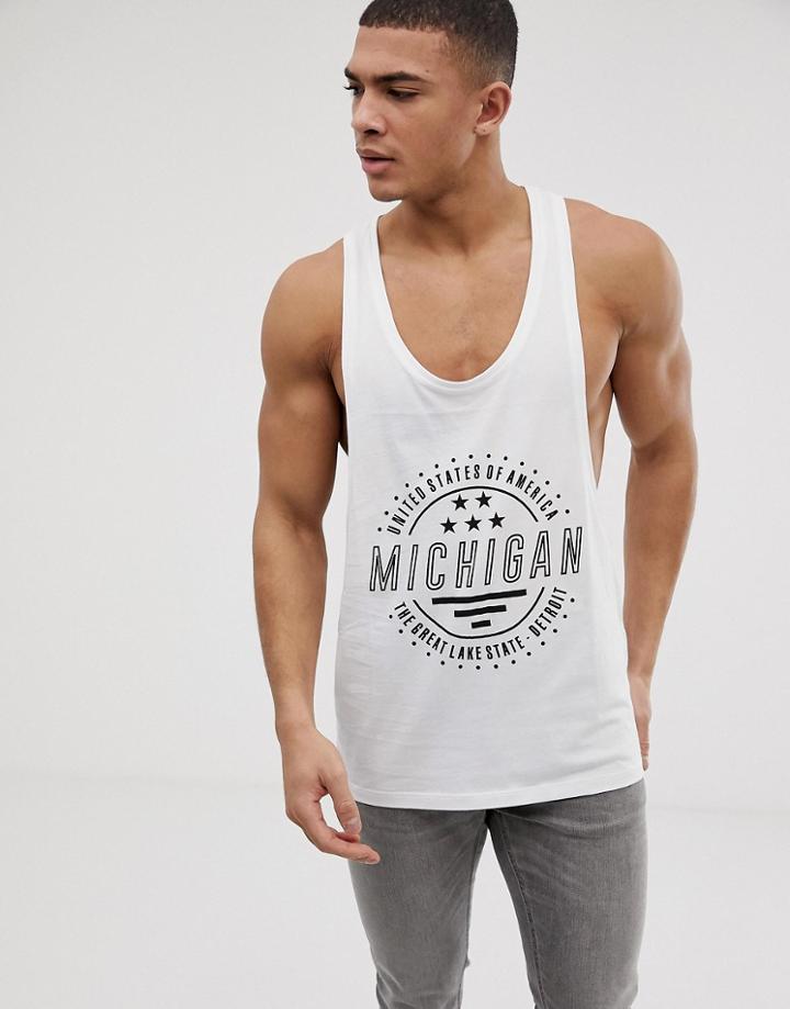 Asos Design Tank With Racer Back And Front Print - White