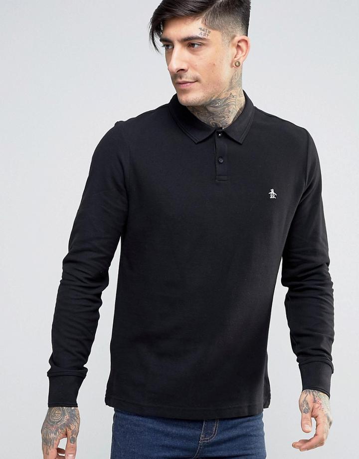 Original Penguin Winston Pique Polo Long Sleeve Slim Fit In Black - Bl