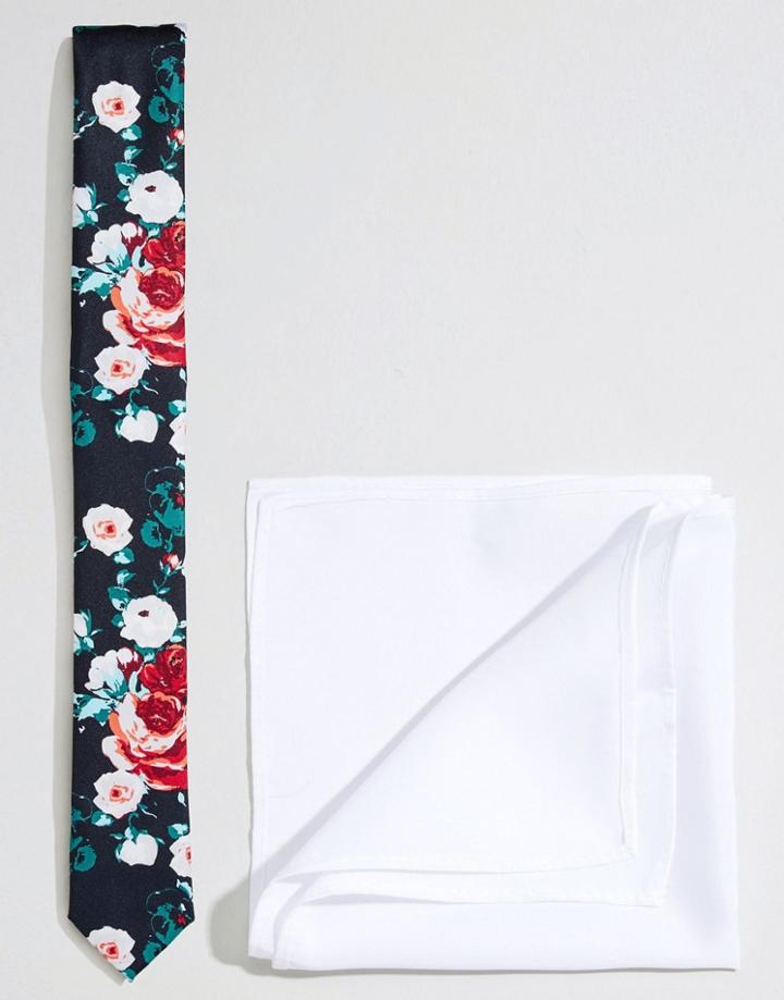 Asos Wedding Floral Tie And Pocket Square Pack Save 21% - Navy