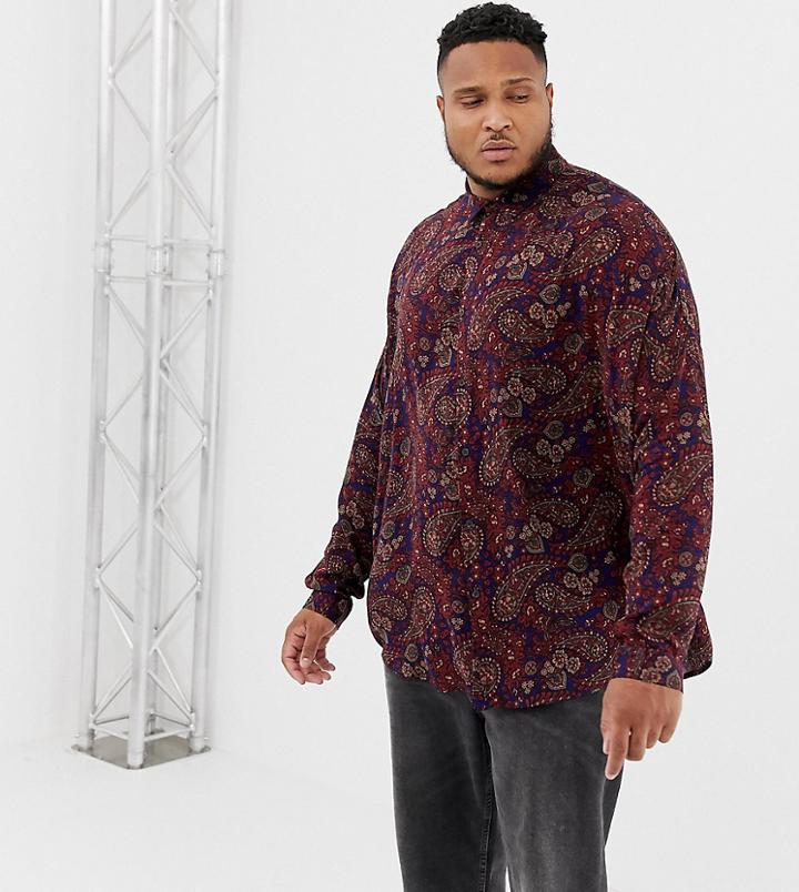 Asos Design Plus Oversized Paisley Viscose Shirt With Dropshoulder In Longline - Navy