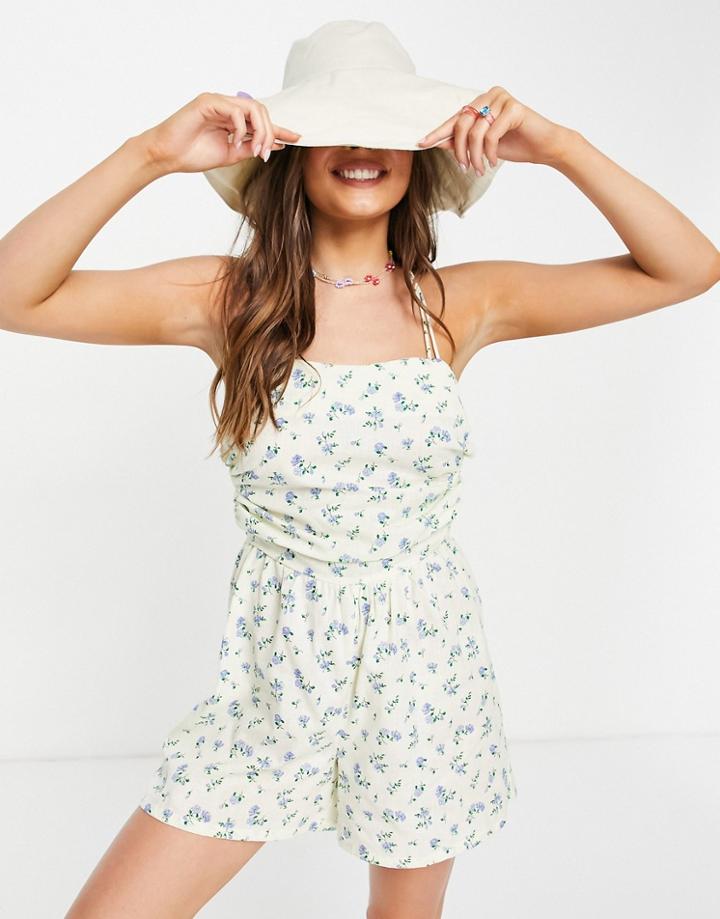 Asos Design Skinny Strap Romper In Pretty Floral-multi
