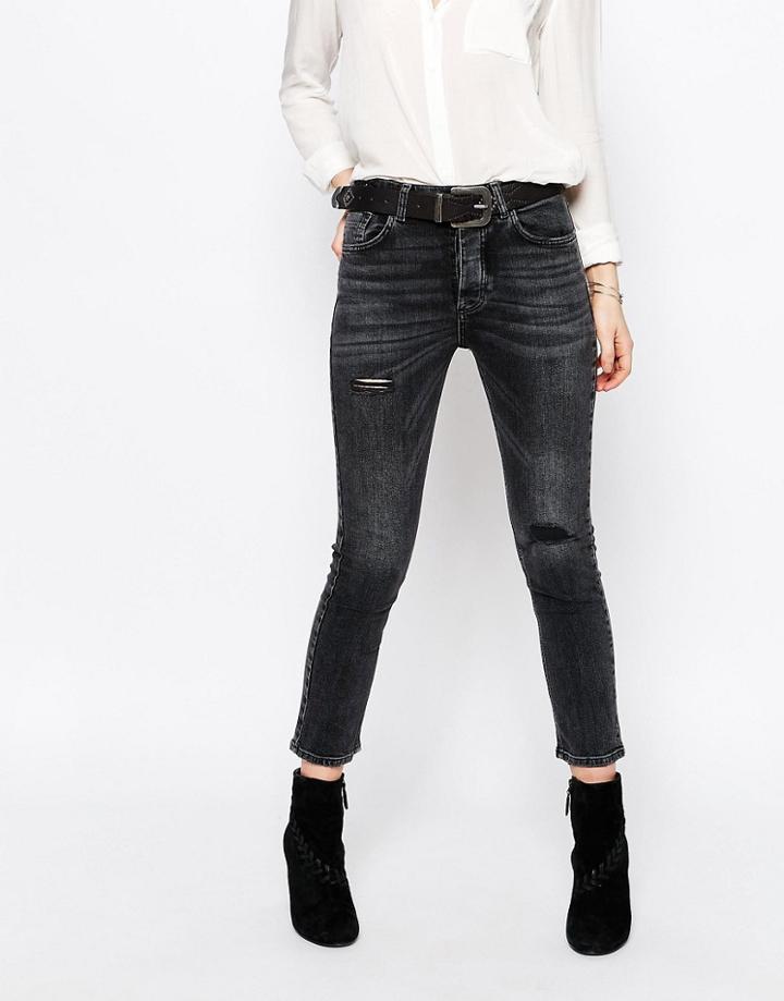 Pull & Bear Distressed Slim Jeans - Black