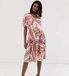 Asos Design Maternity Floral One Shoulder Pleated Crop Top Midi Dress-multi