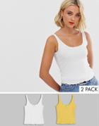 New Look Recycled Fibre Frill Edge 2 Pack Tank In White And Yellow - Multi
