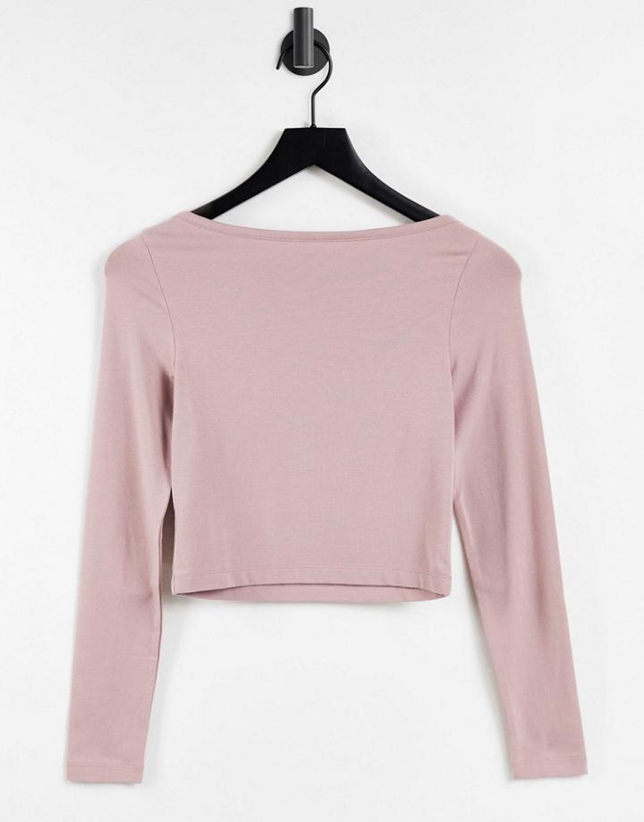 Asos Design Long Sleeve Top With Slash Neck In Mink-pink