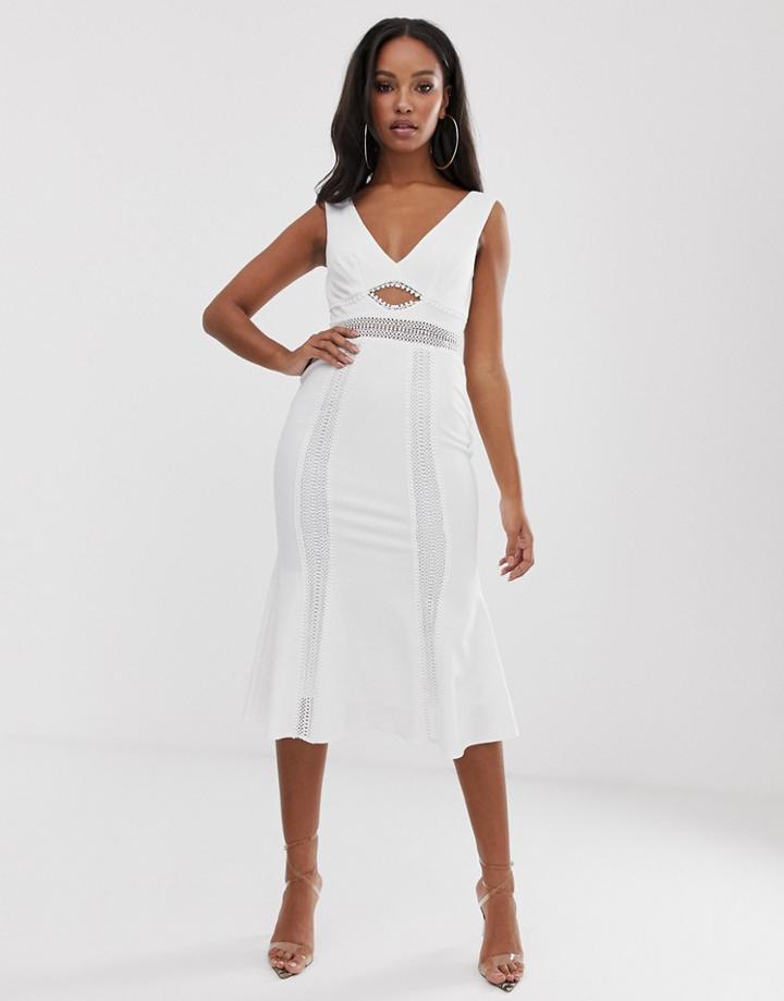 Asos Design Lace Insert Cut Out Skater Midi Dress-white