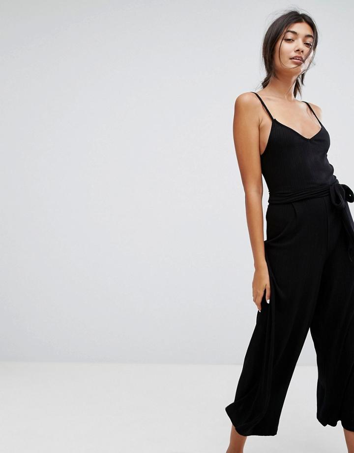 Bershka Ribbed Wide Leg Jumpsuit - Black