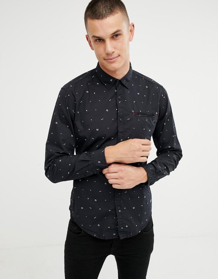 Esprit Slim Fit Ditsy Party Print Shirt In Navy - Black