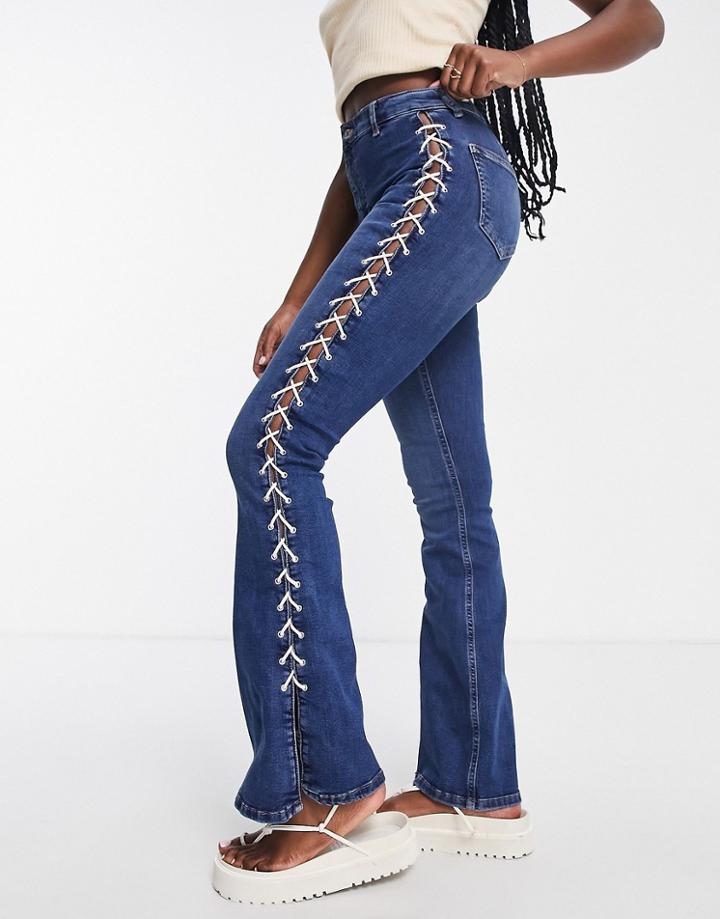 Topshop Y2k Lace Up Jamie Flare Organic Cotton Blend Jean In Indigo-blue