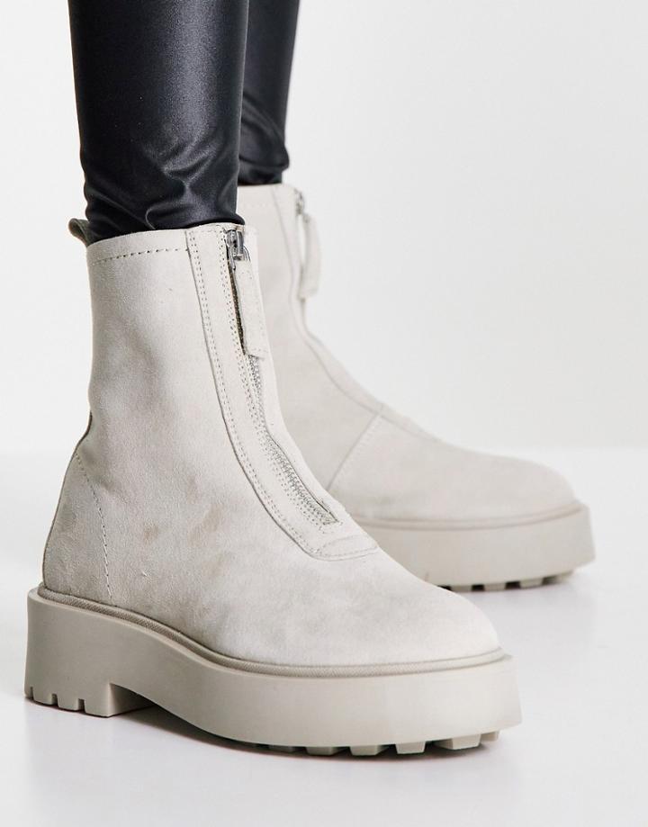 Asos Design Ava Leather Front Zip Boots In Taupe Suede-neutral