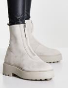 Asos Design Ava Leather Front Zip Boots In Taupe Suede-neutral