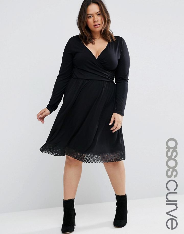 Asos Curve Midi Wrap Skater Dress With Lace Hem - Black