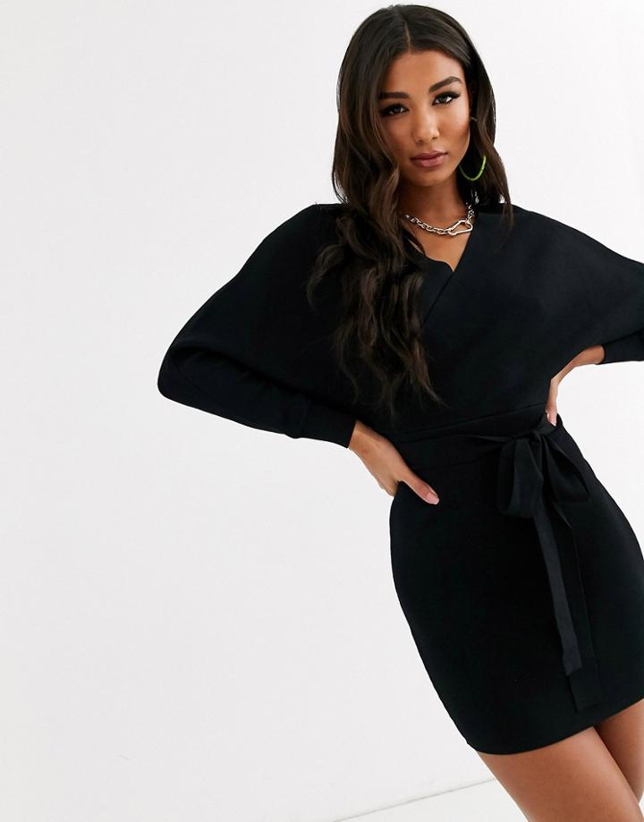 Parallel Lines Knitted Wrap Dress With Cut Out Back-black