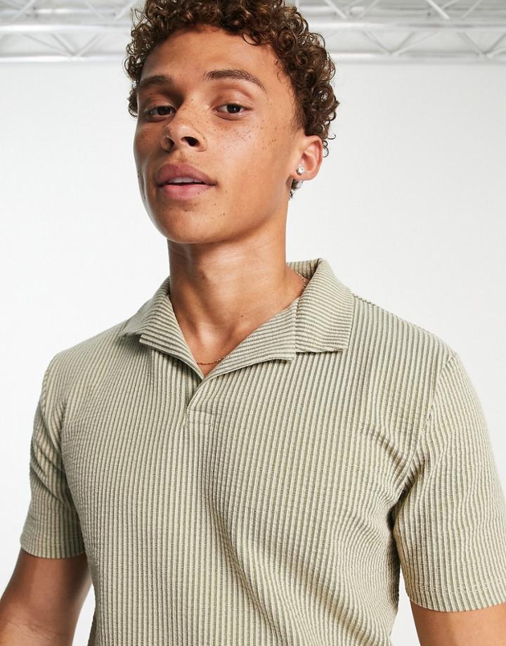 River Island Short Sleeve Slim Seersucker Revere Shirt In Stone-white