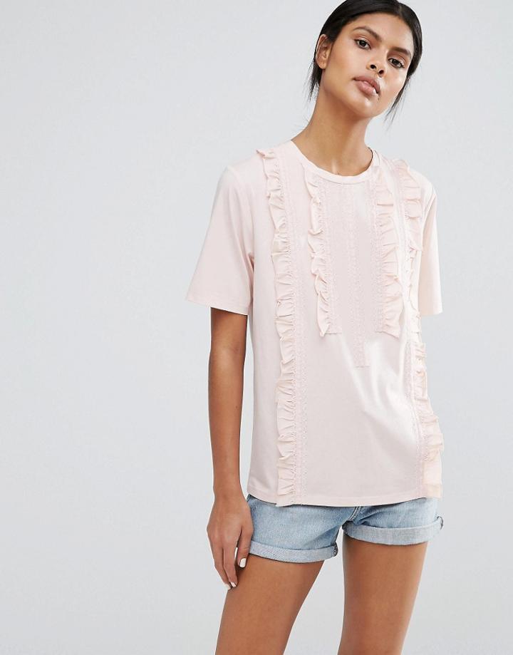 Warehouse Lace Insert Ruffle Tee - Pink