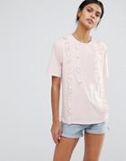 Warehouse Lace Insert Ruffle Tee - Pink