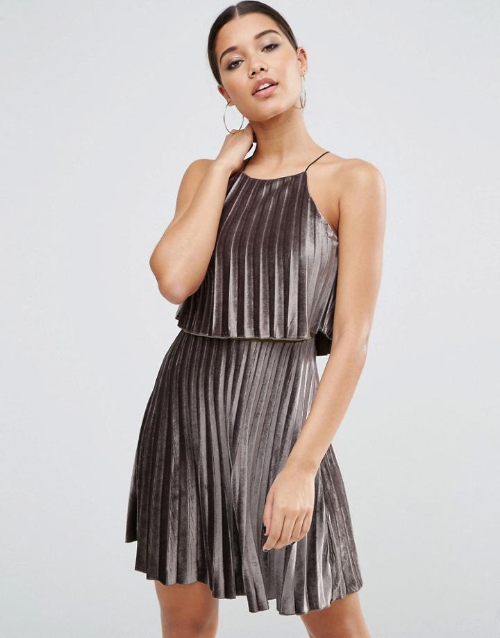Asos Velvet Pleated Crop Top Mini Dress - Gray