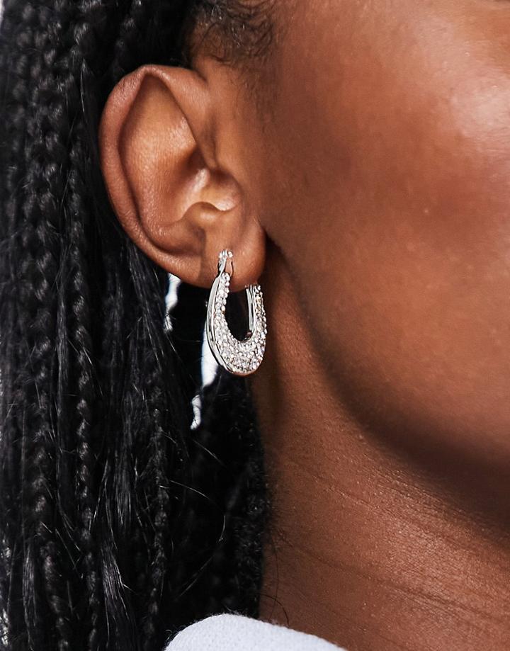 Asos Design Mini Oval Hoop Earrings In Crystal Drench In Silver Tone